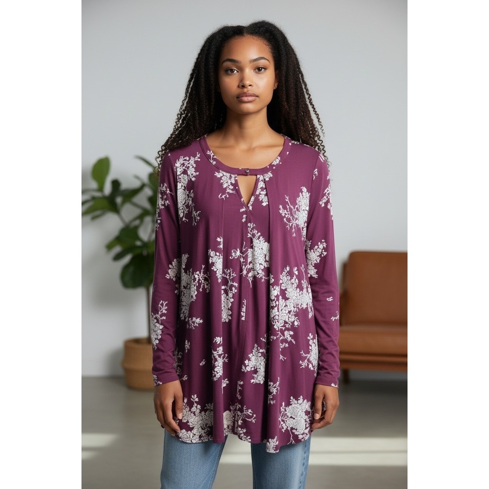 Jodifl Womens Plum Purple Floral Keyhole Tunic Top Relaxed Fit Small